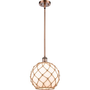 Ballston Large Farmhouse Rope LED 10 inch Antique Copper Pendant Ceiling Light in White Glass with Brown Rope, Ballston