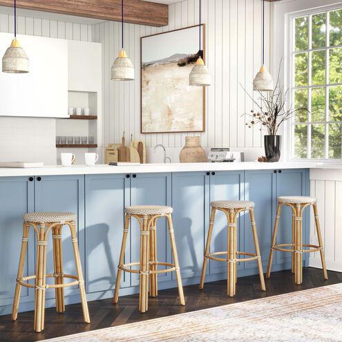 Tobias Round Rattan 30" Bar Stool in White and Tan Dot
