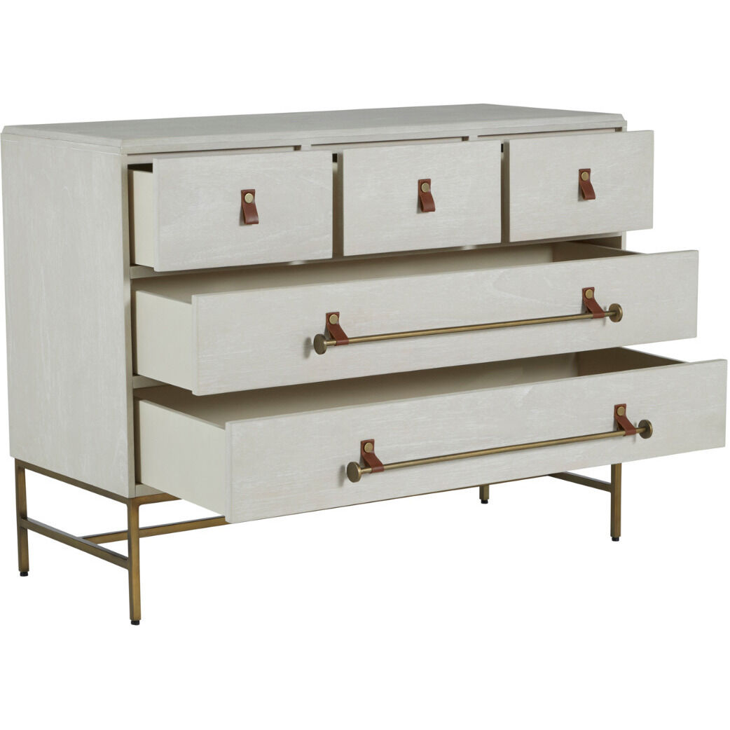 Maya Cerused White / Stained Brass / Caramel Brown Leather Dresser