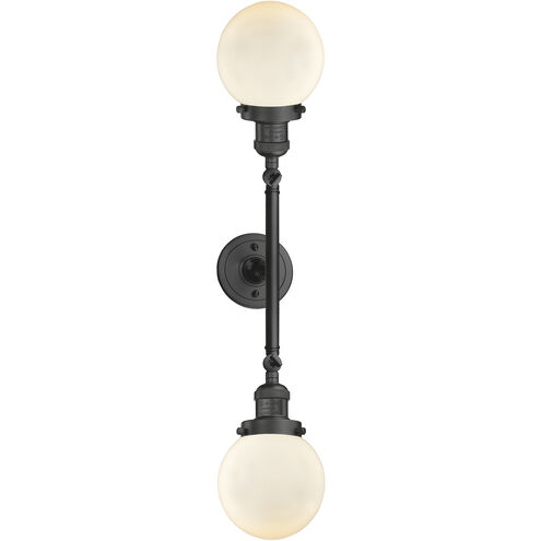 Franklin Restoration Beacon 2 Light 17 inch Oil Rubbed Bronze Bath Vanity Light Wall Light in Matte White Glass, Franklin Restoration