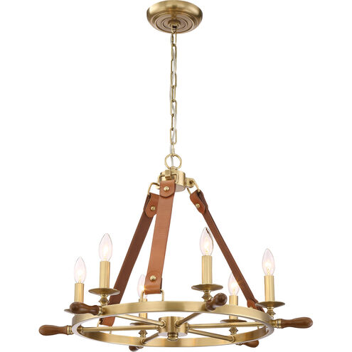 Carlisle 6 Light 28 inch Aged Brass with Leather and Stained Wood Chandelier Ceiling Light