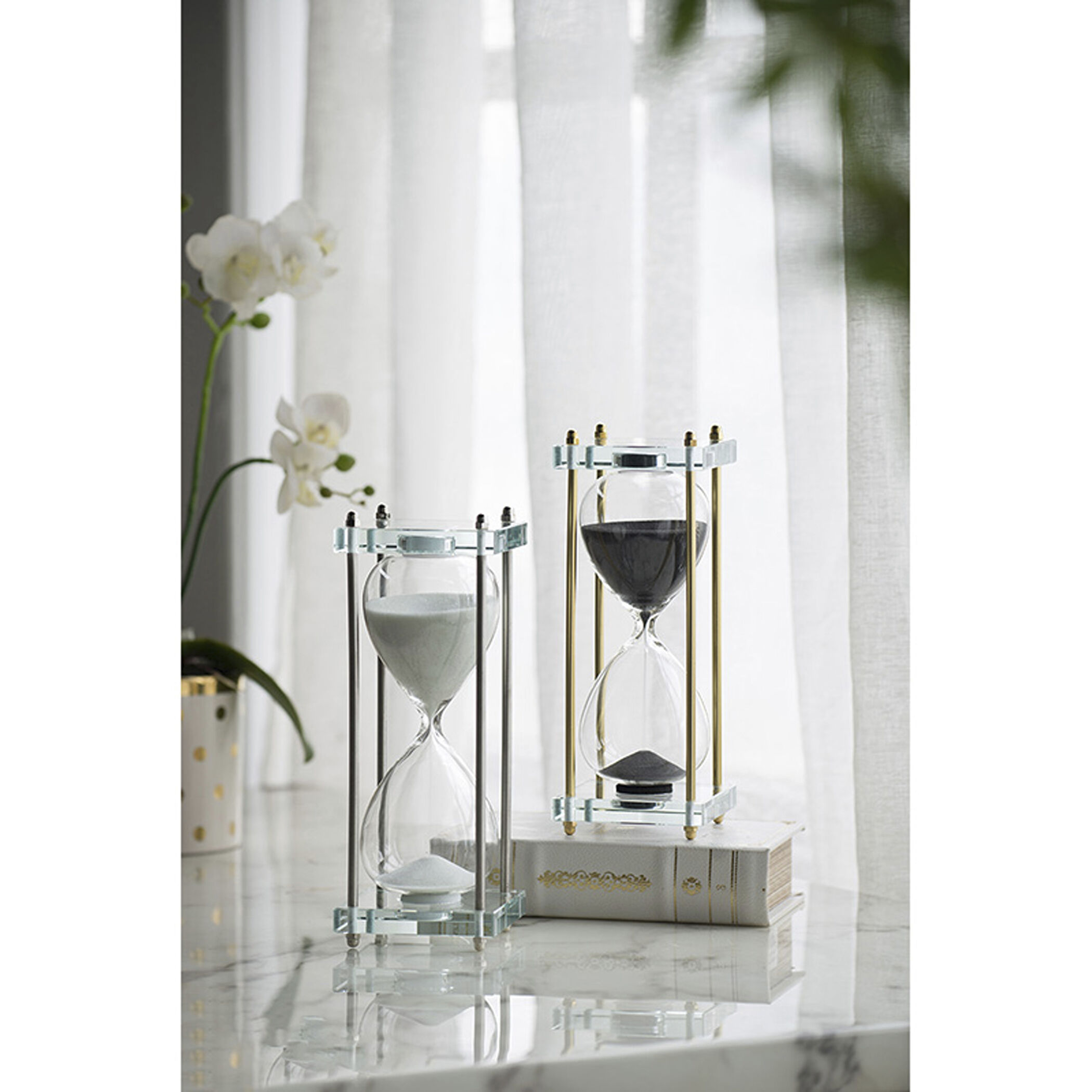 Modern Black and Clear and Brass Hourglass