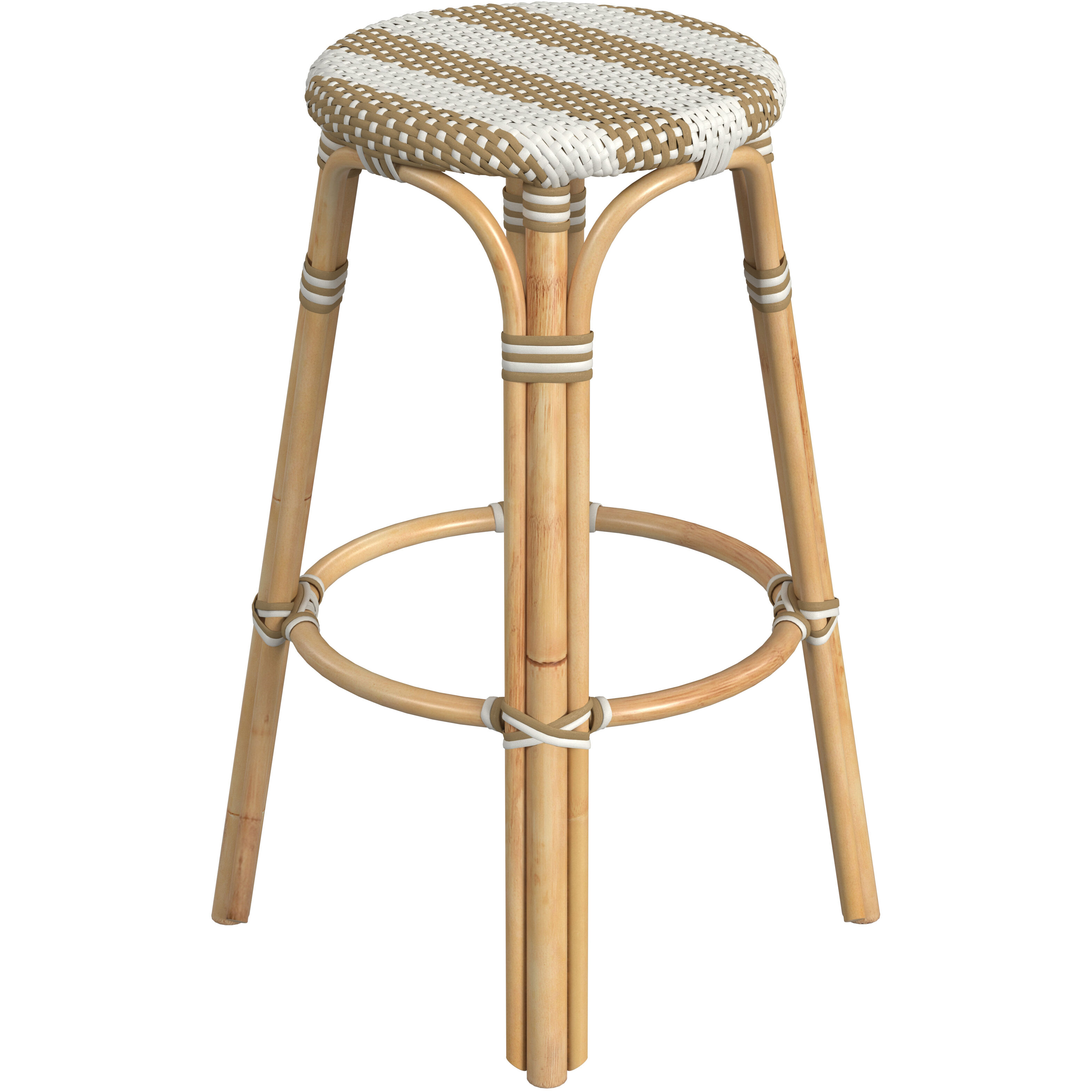 Tobias Round Rattan 30" Bar Stool in Tan and White Stripe