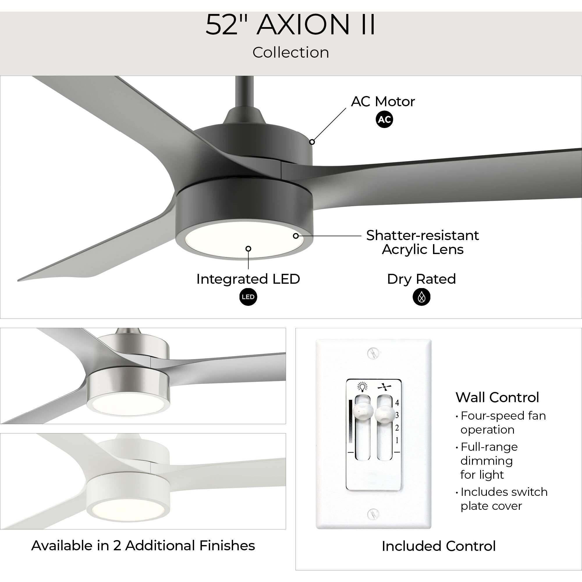 Axion II 52 inch Brushed Nickel with Silver Blades Ceiling Fans