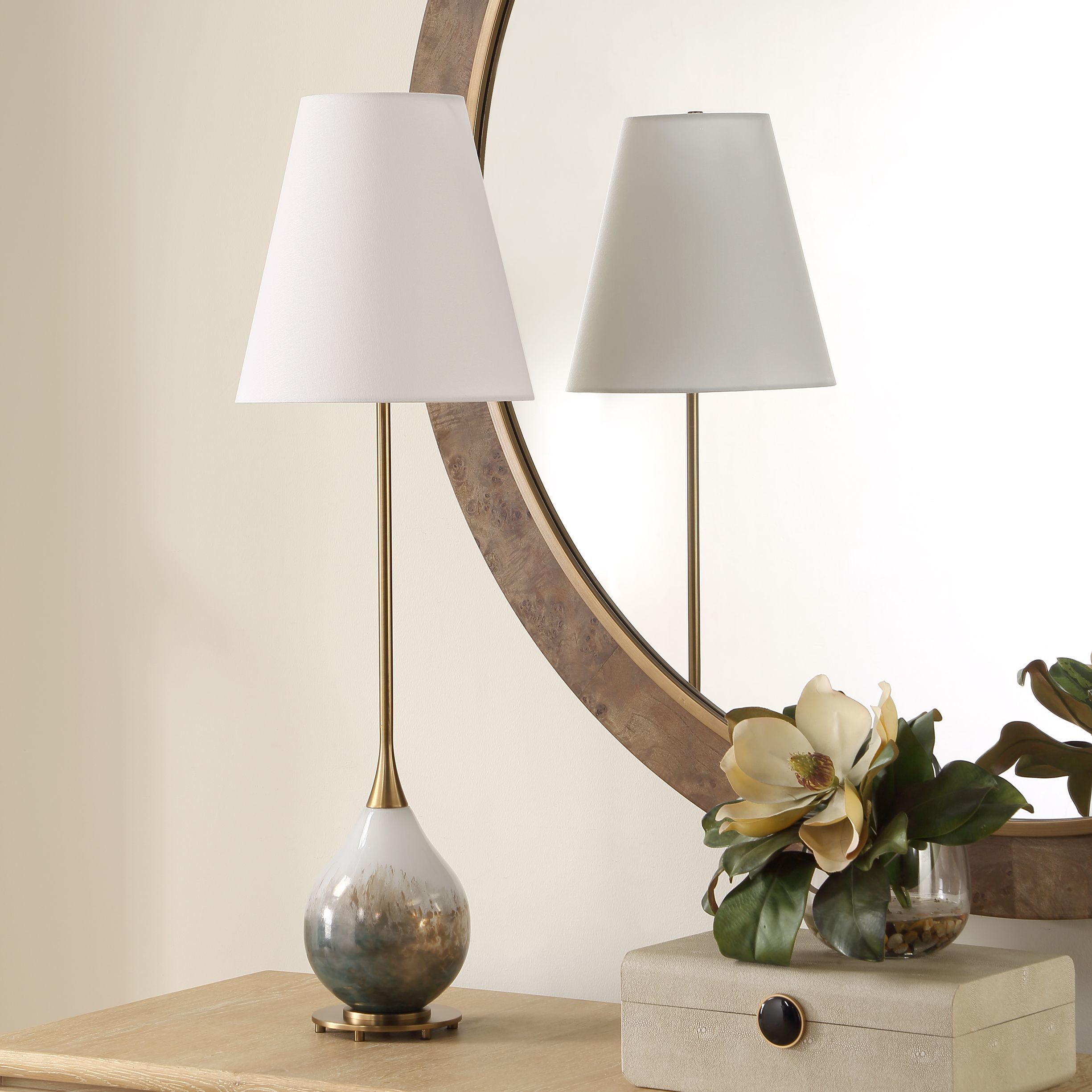 Cardoni 34.5 inch 100 watt Gloss White Glass with Metallic Smoked Bronze and Antique Brass Buffet Lamp Portable Light
