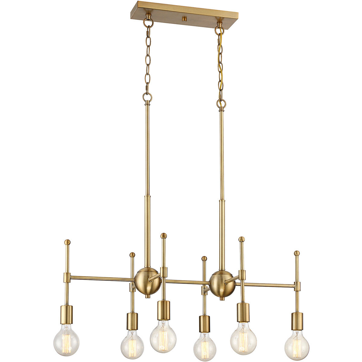 Mid-Century Modern 6 Light 30.5 inch Natural Brass Linear Chandelier Ceiling Light