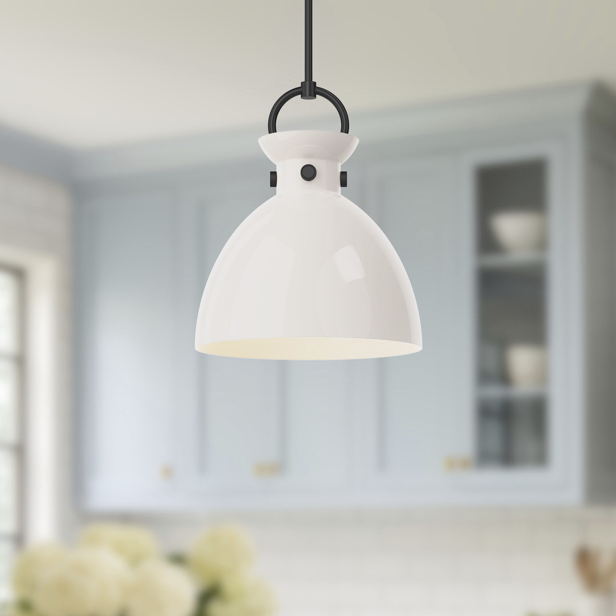 Alora Mood Waldo Pendant Ceiling Light in Matte Black, Glossy Opal Glass