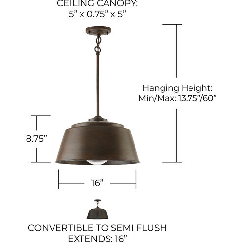 Tybee 1 Light 16 inch Nordic Grey Pendant Ceiling Light, Convertible Dual Mount