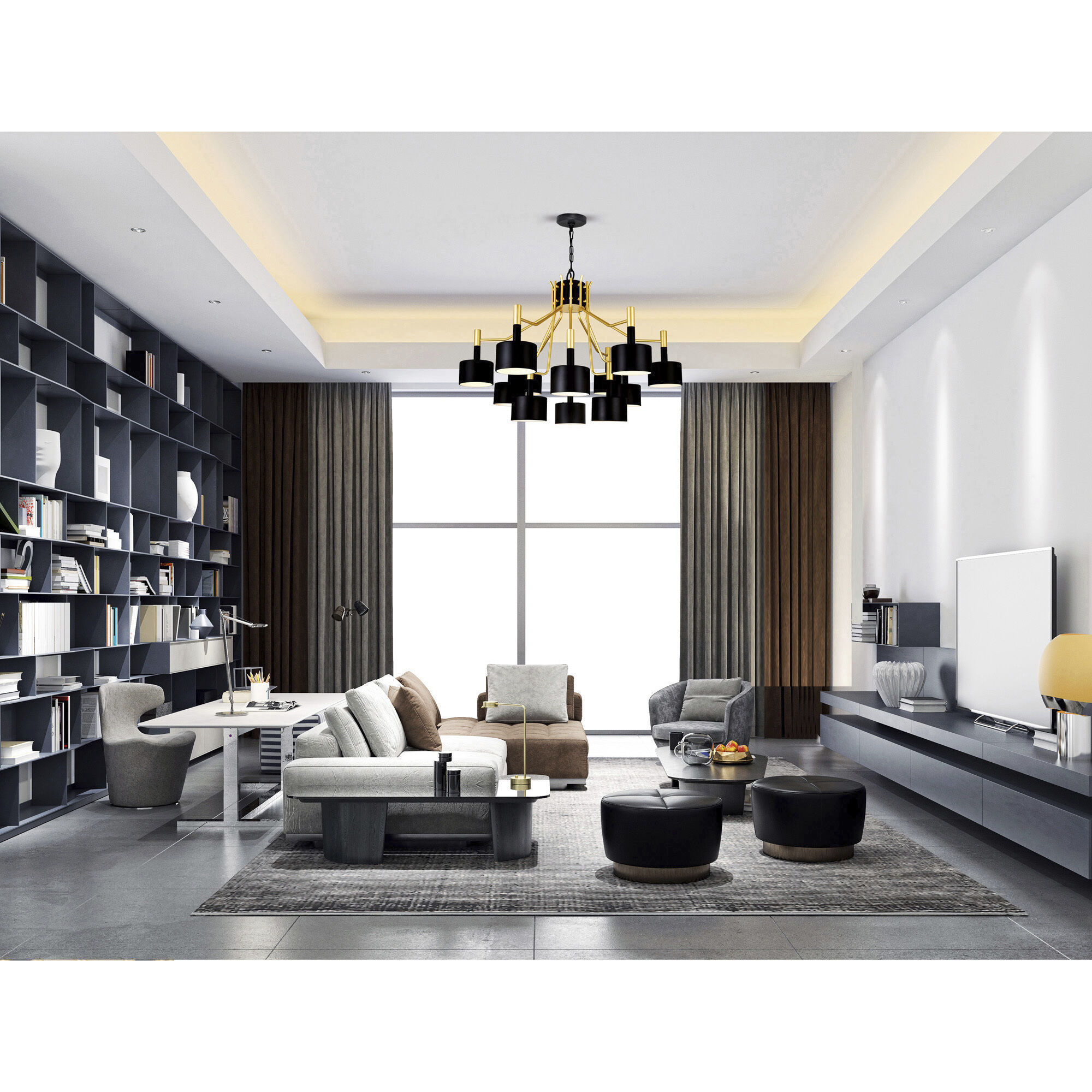 Corna 12 Light 32 inch Matte Black and Satin Gold Down Chandelier Ceiling Light