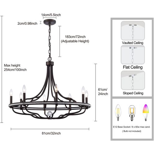Tuscan 8 Light 32 inch Dark Bronze Chandelier Ceiling Light, Converts to Semi Flush