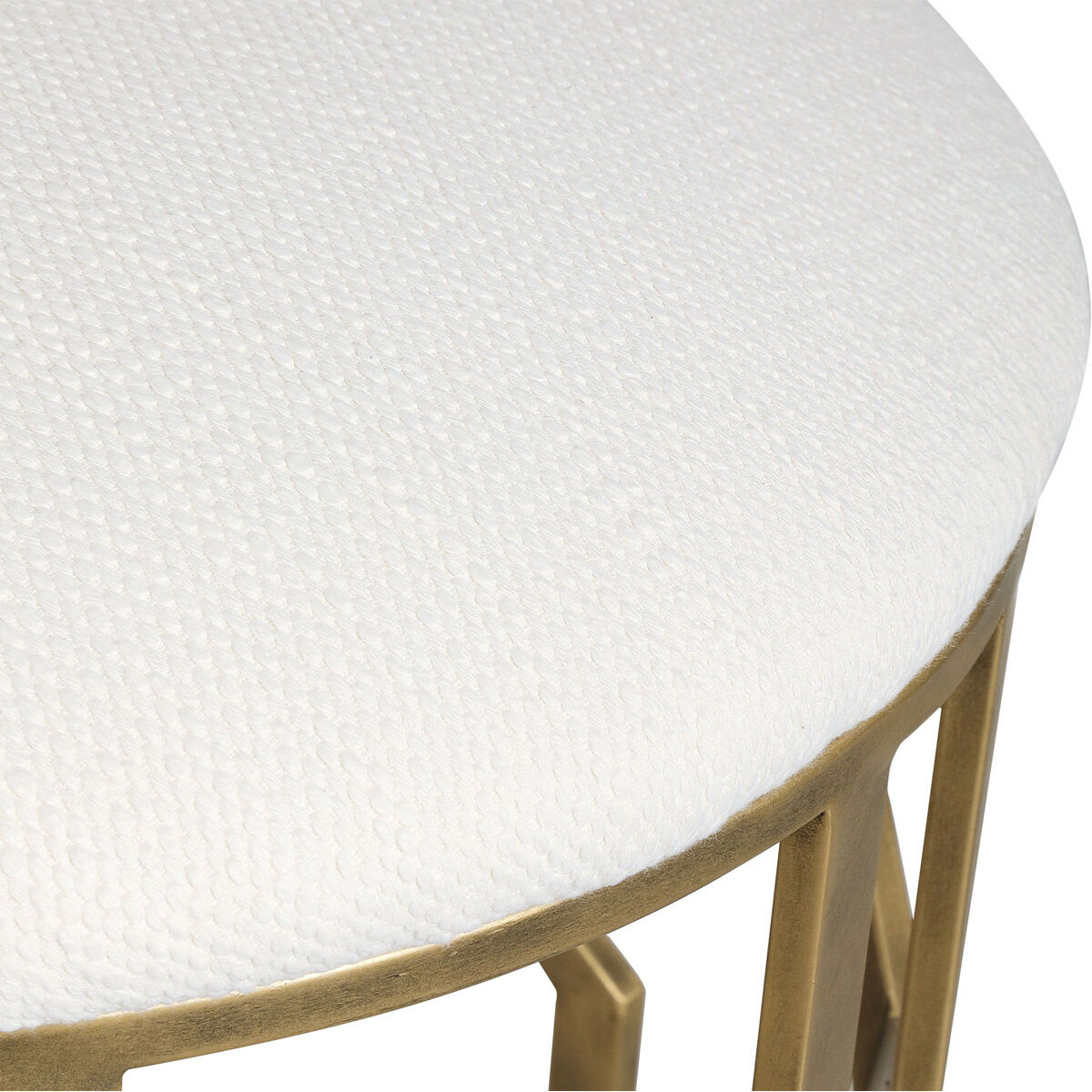 Trellis 21 inch Antique Brushed Brass and White Textured Fabric Accent Stool