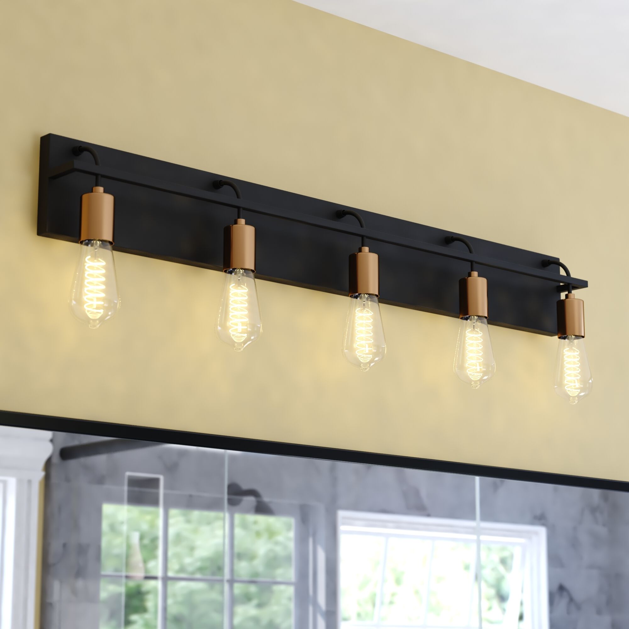 Seward Park 5 Light 36 inch Black and Satin Brass Bathroom Vanity Wall Light, Full Backplate