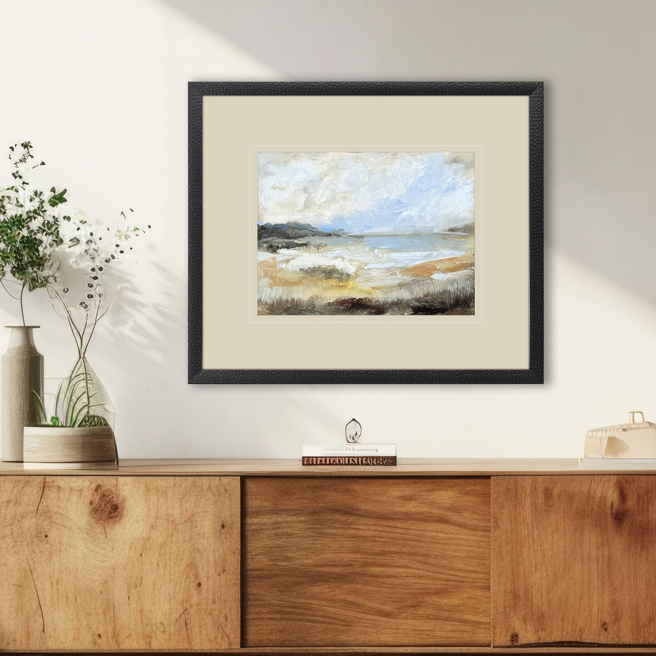 Smudged Coastline Blue and Beige and Black and Rust Framed Art