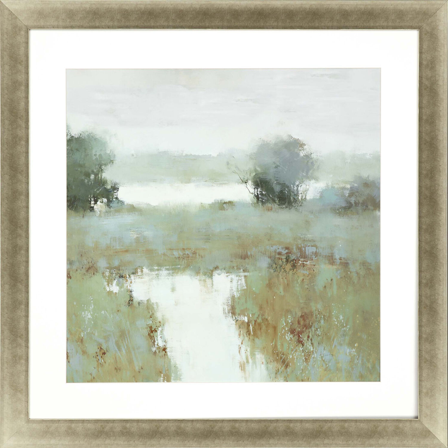 Trees and Creek Green and Gray and Brown and White Framed Art