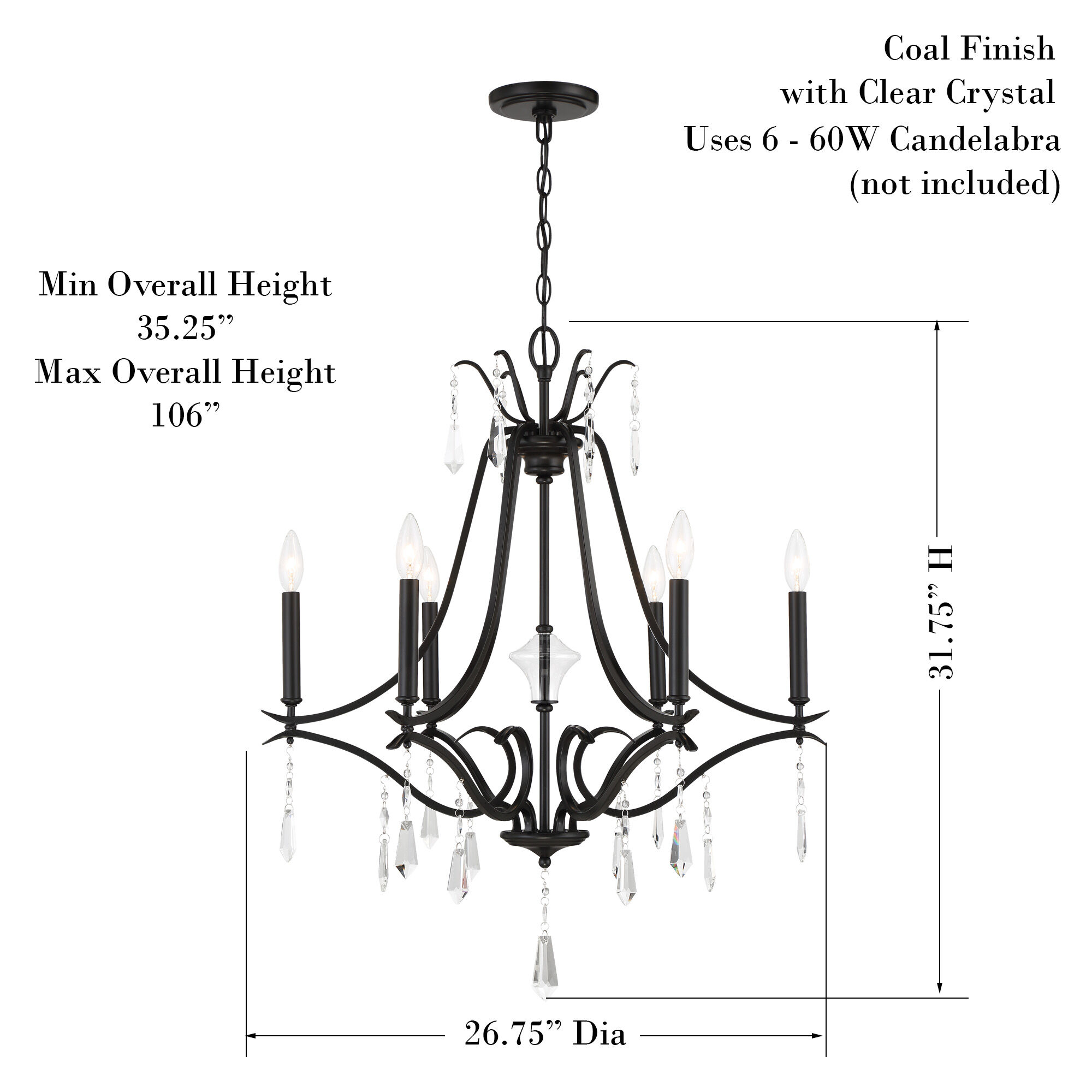 Laurel Estate 6 Light 27 inch Coal Chandelier Ceiling Light