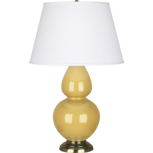 Double Gourd 31 inch 150.00 watt Sunset Yellow Glazed Ceramic with Antique Brass Table Lamp Portable Light in Pearl Dupioni