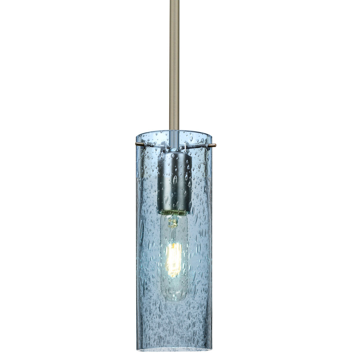 Juni 10 1 Light Satin Nickel Stem Pendant Ceiling Light in Blue Bubble Glass