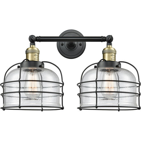 Franklin Restoration Large Bell Cage LED 19 inch Black Antique Brass Bath Vanity Light Wall Light in Seedy Glass, Franklin Restoration