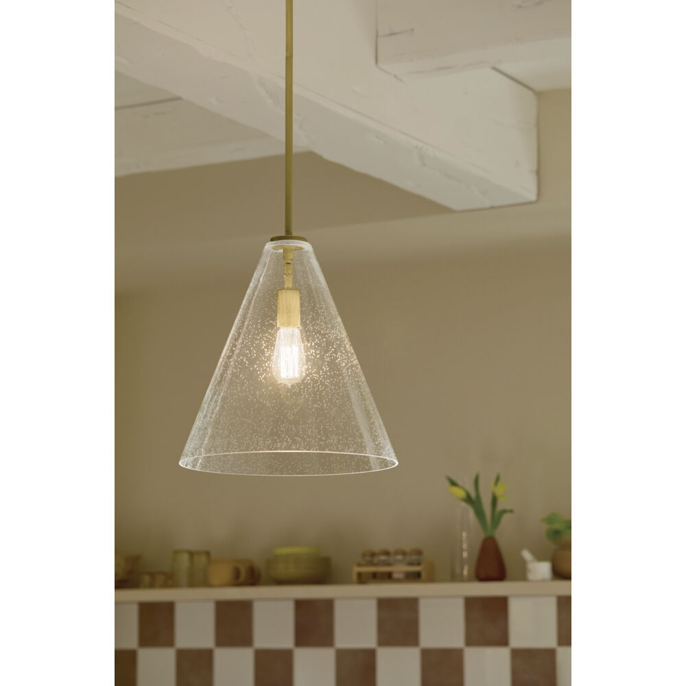Everly 1 Light Natural Brass Pendant Ceiling Light in Clear Seeded