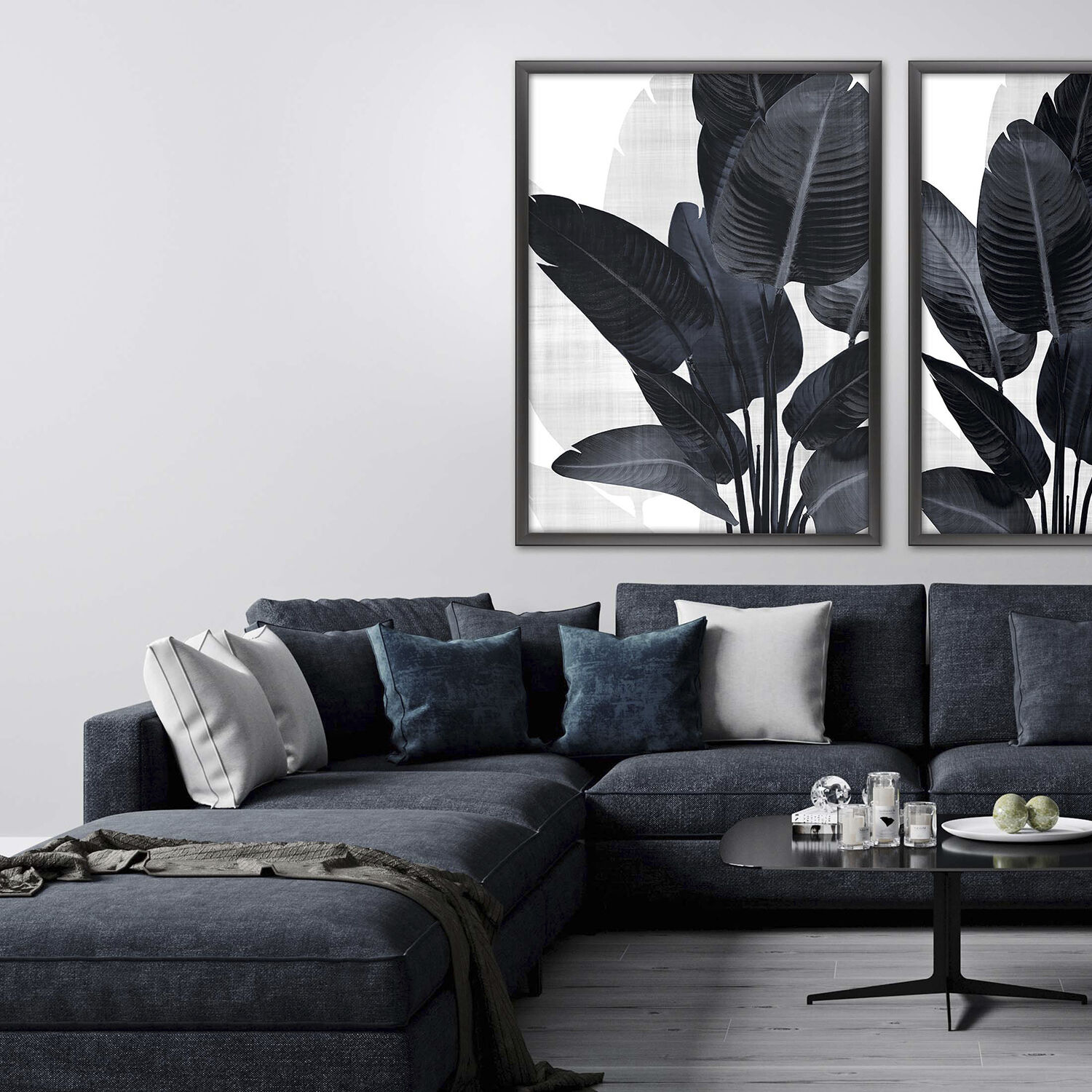 Palm Noir Blue and White Framed Art