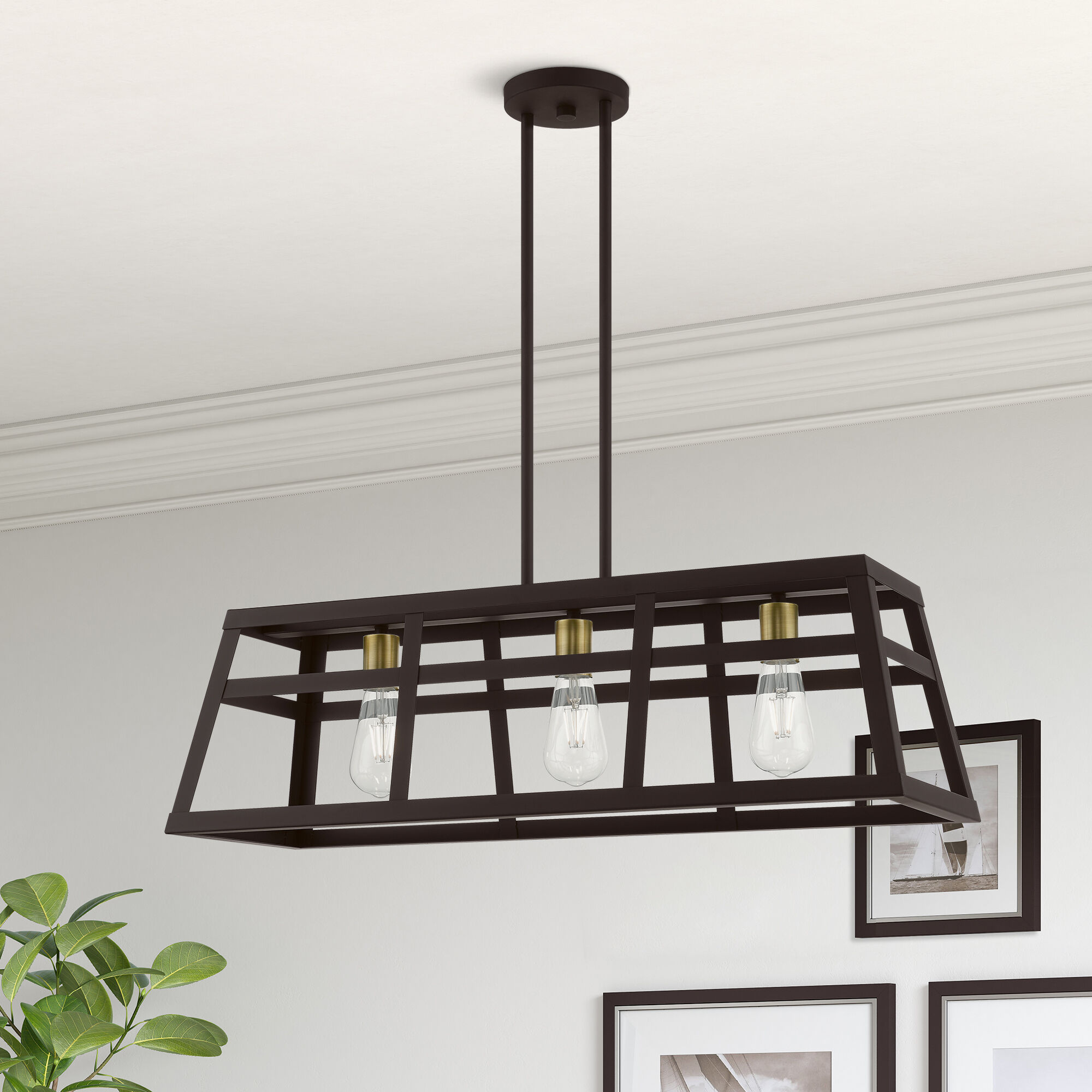 Schofield 3 Light 30 inch Bronze with Antique Brass Accents Linear Chandelier Ceiling Light