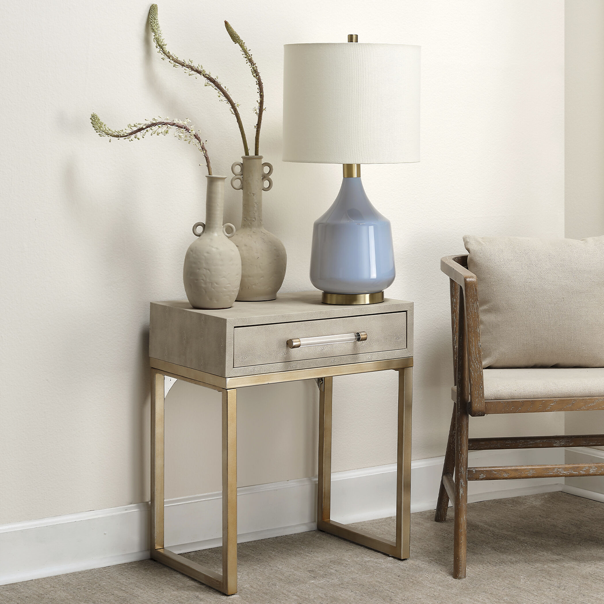 Kain 24 X 20 inch Ivory Faux Shagreen and Antique Brass Metal Side Table