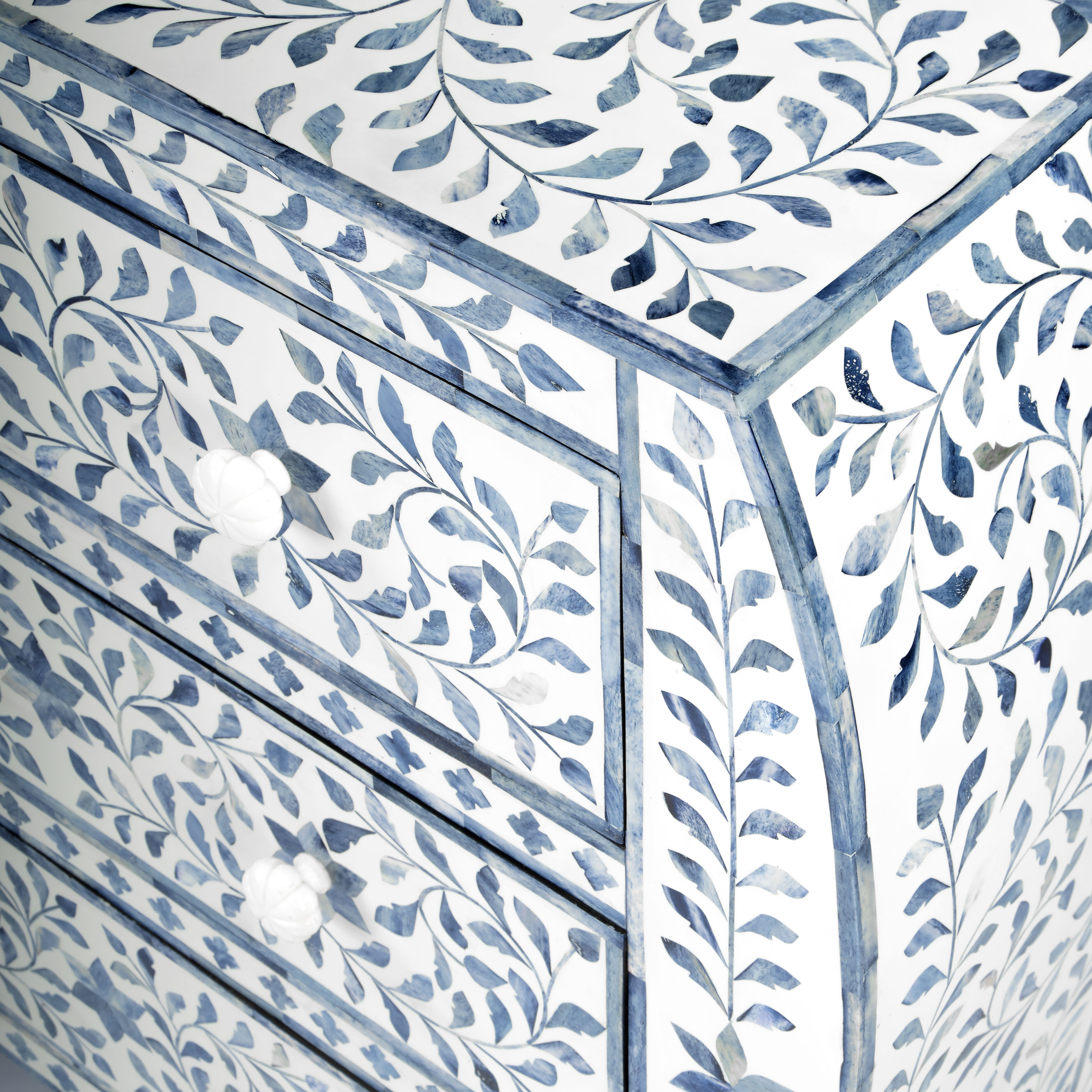 Trubadur and Bone Inlay 3 Drawer Chest in White and Blue
