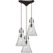 Hand Formed Glass 3 Light 12 inch Oil Rubbed Bronze Mini Pendant Ceiling Light