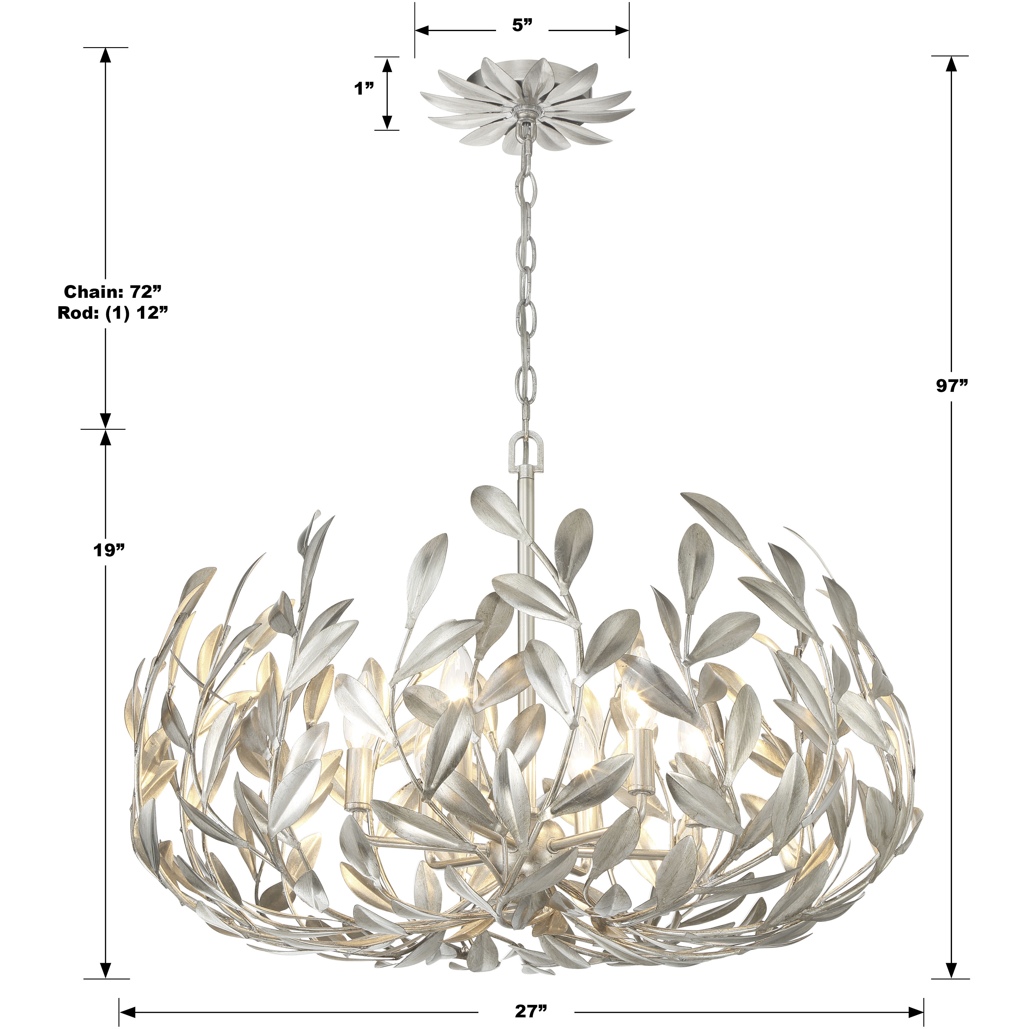 Broche 6 Light 27 inch Antique Silver Chandelier Ceiling Light