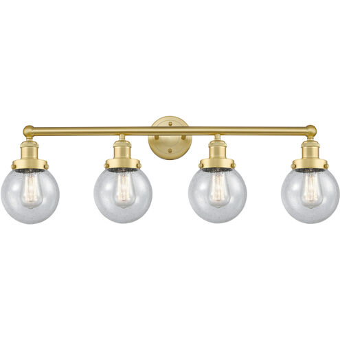 Beacon 4 Light 33.5 inch Satin Gold Bath Vanity Light Wall Light in Seedy Glass, Small