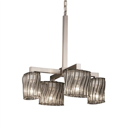 Wire Glass 4 Light Brushed Nickel Chandelier Ceiling Light in Swirl with Clear Bubbles, Oval