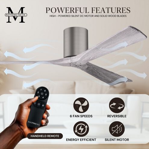 Atlas Irene-3H 52 inch Brushed Pewter with Barn Wood Tone Blades Ceiling Fan, Flush Mounted