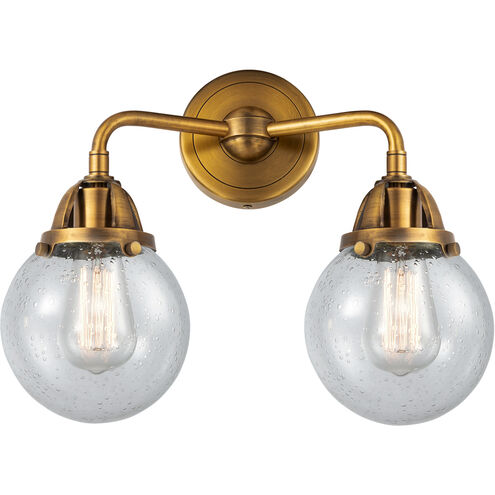 Nouveau 2 Beacon 2 Light 14 inch Brushed Brass Bath Vanity Light Wall Light in Seedy Glass