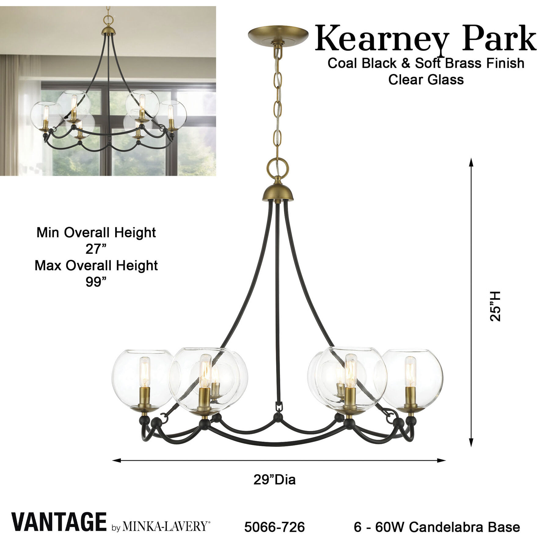 Vantage Kearney Park 6 Light 29 inch Coal and Soft Brass Chandelier Ceiling Light