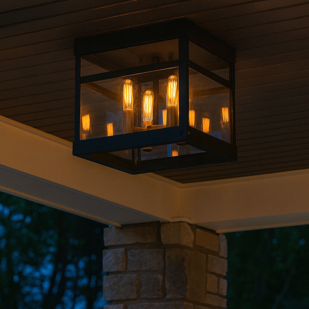 Open Air Porter 4 Light 12 inch Black with Burnished Bronze Outdoor Flush Mount, Estate Series