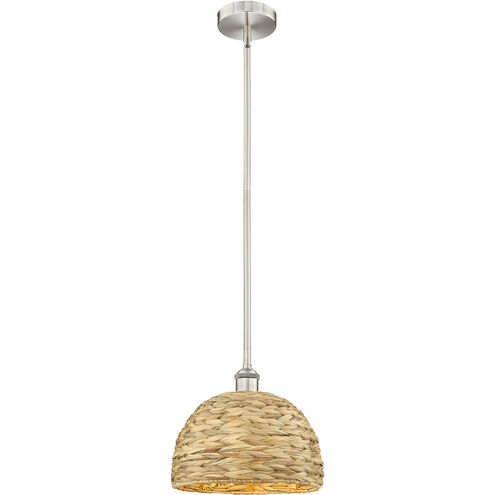 Edison Woven Rattan 1 Light 12 inch Brushed Satin Nickel Mini Pendant Ceiling Light