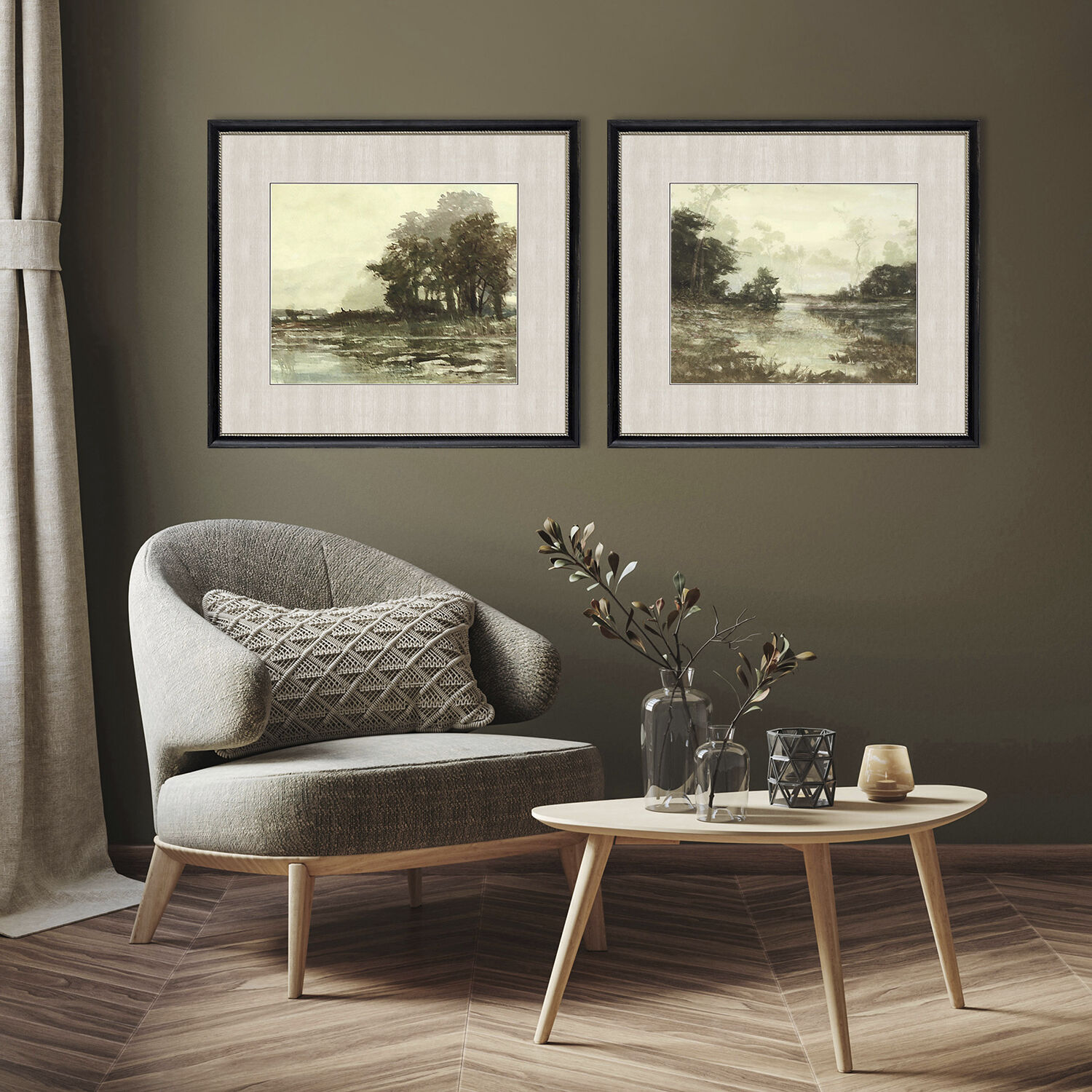 Sunset Pond Green and Beige and Brown Framed Art