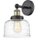 Bell Sconce Wall Light in Black Antique Brass, Clear Deco Swirl