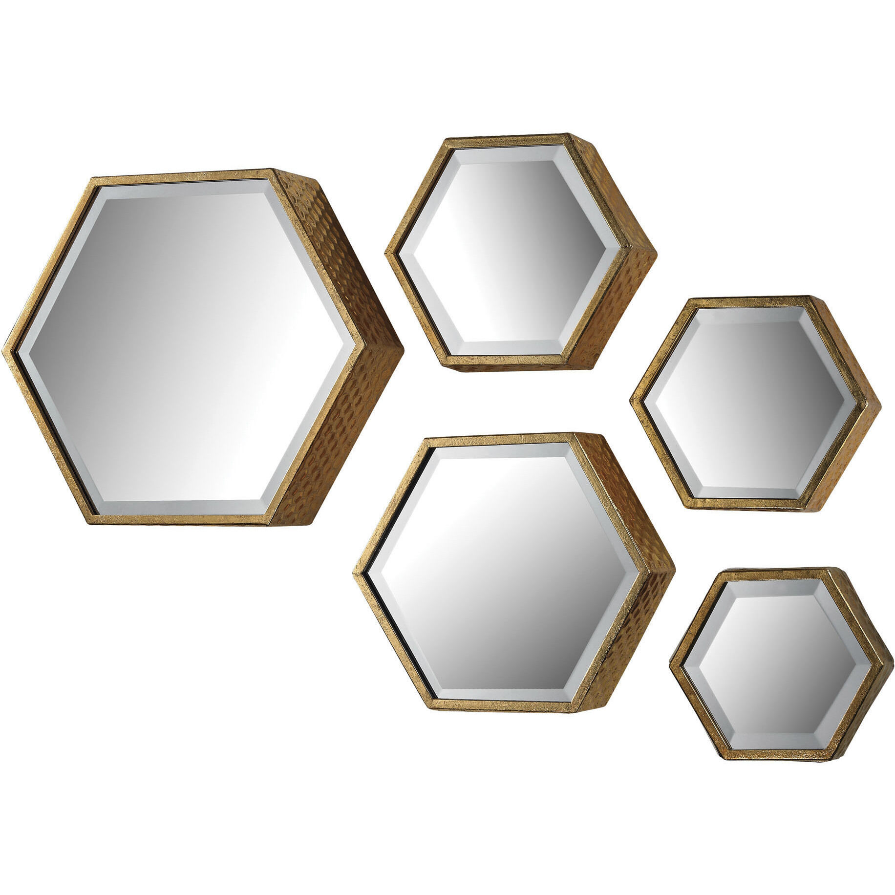 Hexagonal 15.75 X 13.75 inch Gold with Mirror Wall Mirror, Set of 5