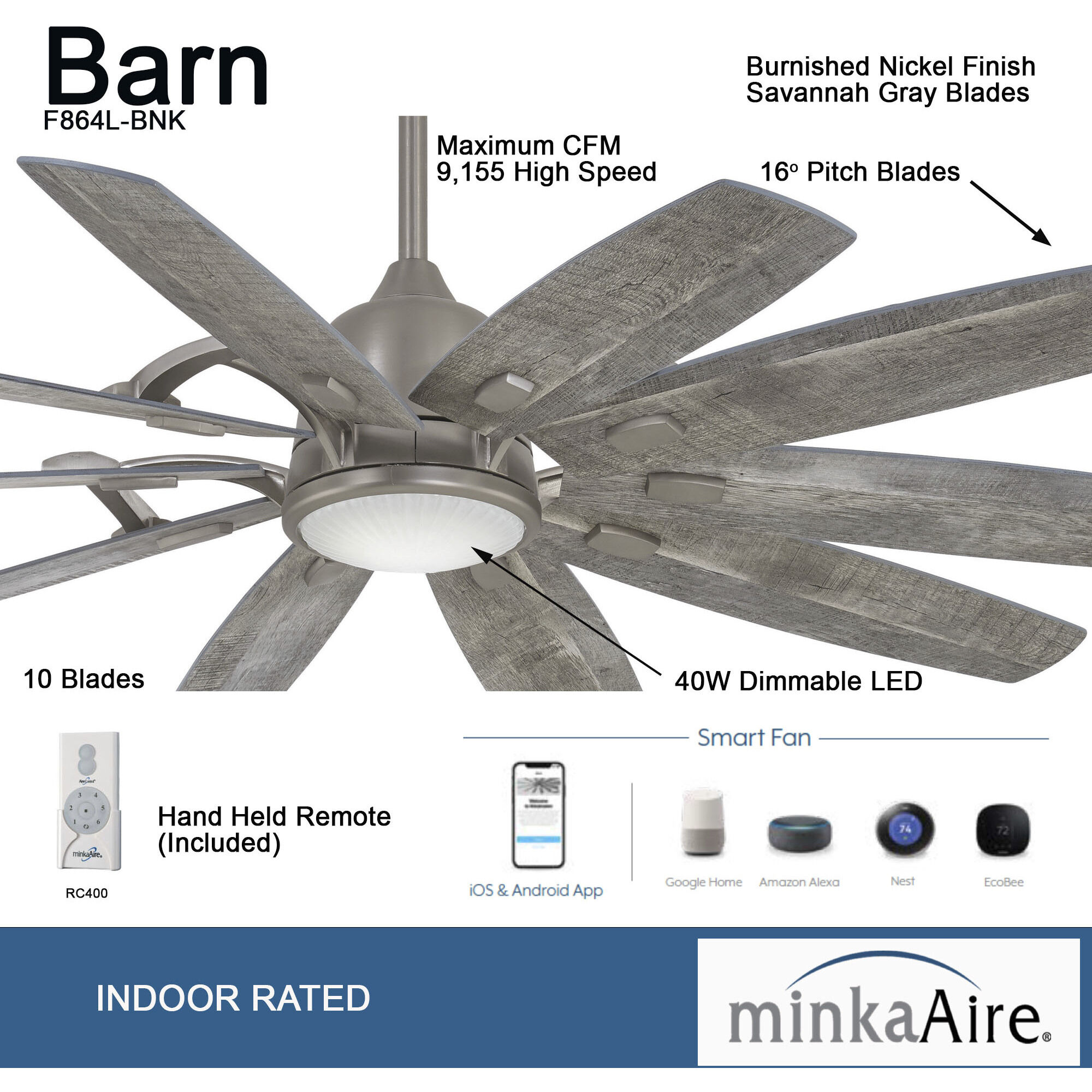 Barn 65 inch Savannah Gray Ceiling Fan in Burnished Nickel