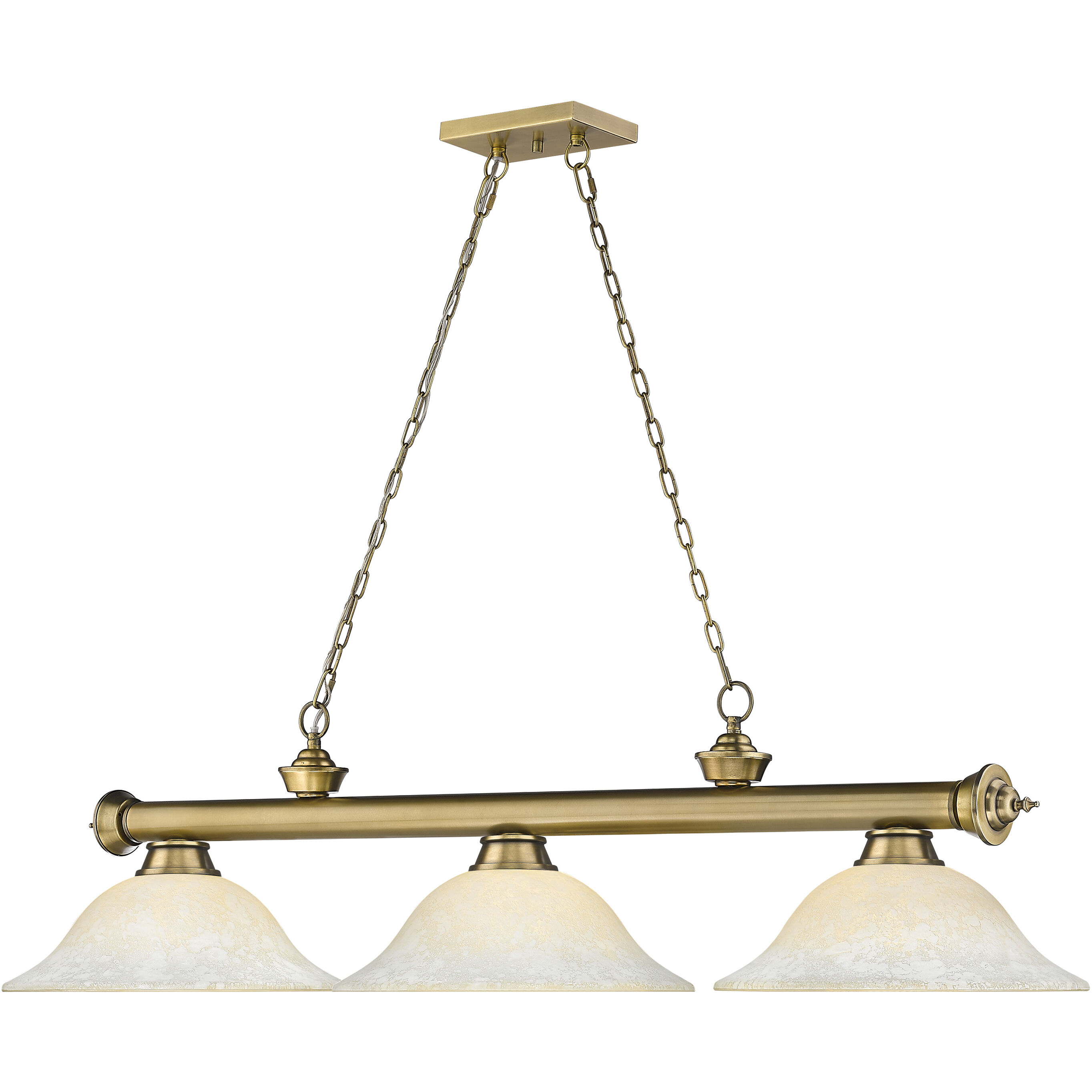 Cordon 3 Light 58 inch Rubbed Brass Billiard Ceiling Light in White Mottle Glass