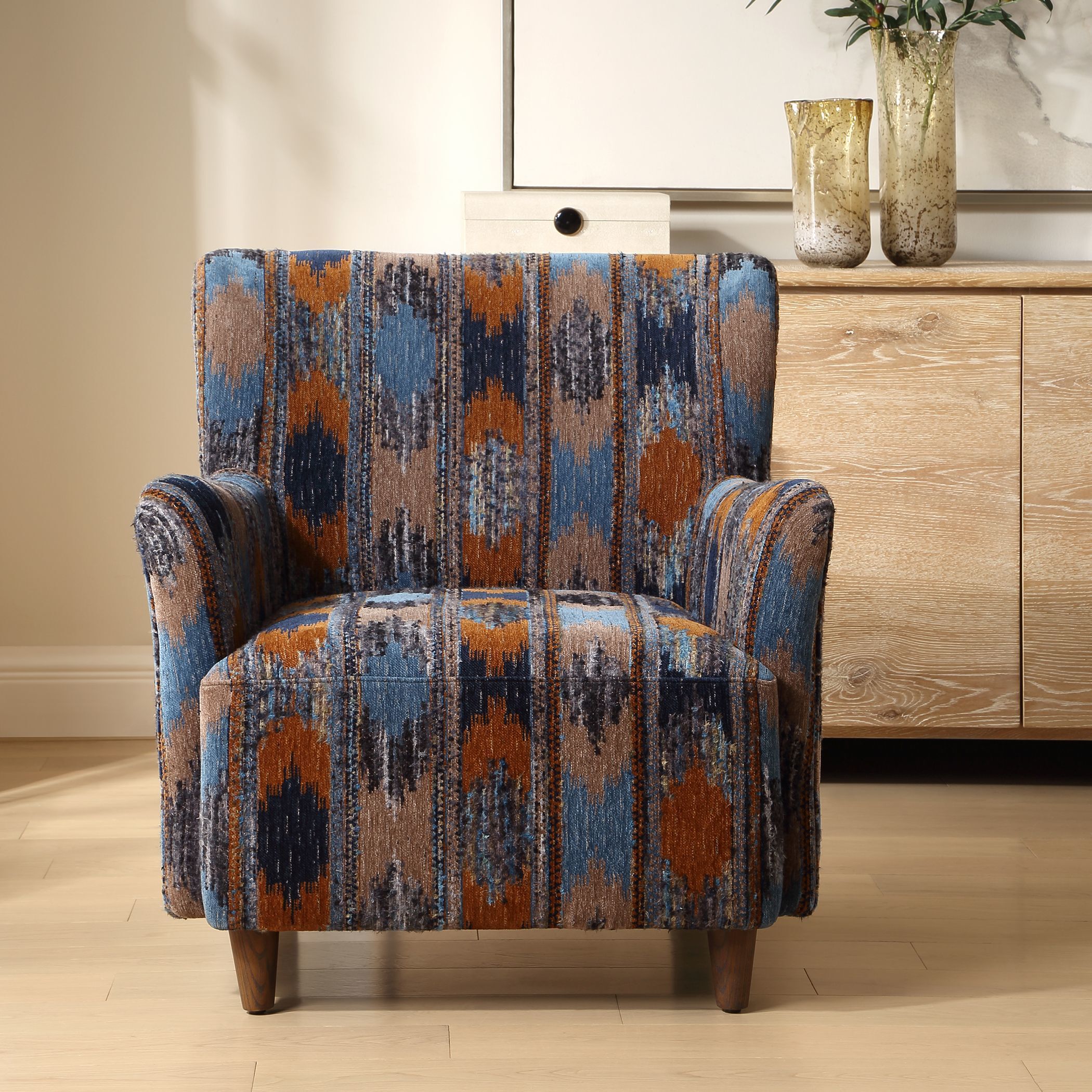 Lainey Sapphire and Rust and Spa Blue with Walnut Armchair