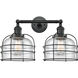 Franklin Restoration Large Bell Cage 2 Light 9 inch Matte Black Bath Vanity Light Wall Light in Seedy Glass, Franklin Restoration
