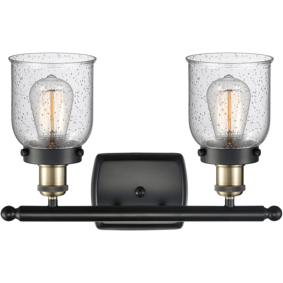 Ballston Small Bell 2 Light 16 inch Black Antique Brass Bath Vanity Light Wall Light in Seedy Glass