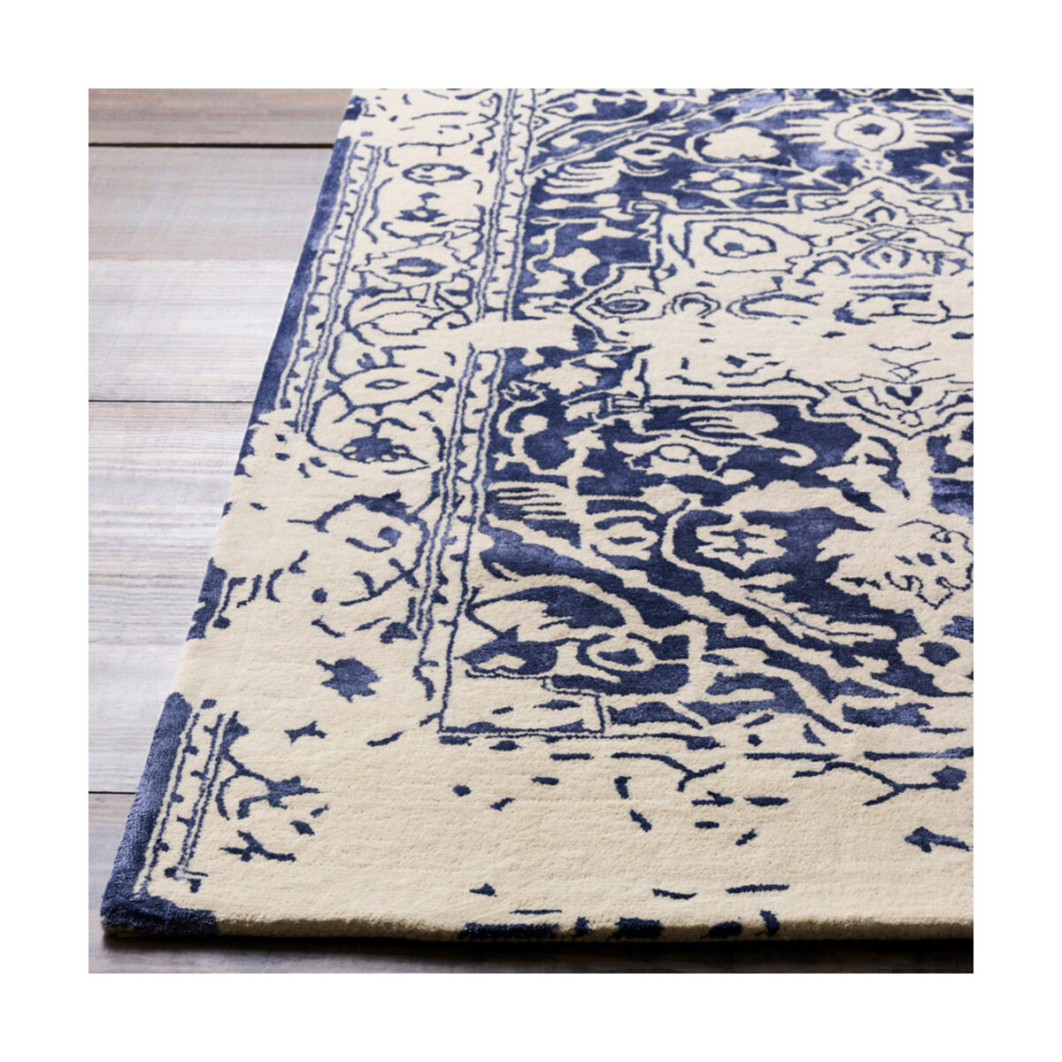 Temple 144 X 108 inch Dark Blue/Cream Rugs, Viscose and Wool