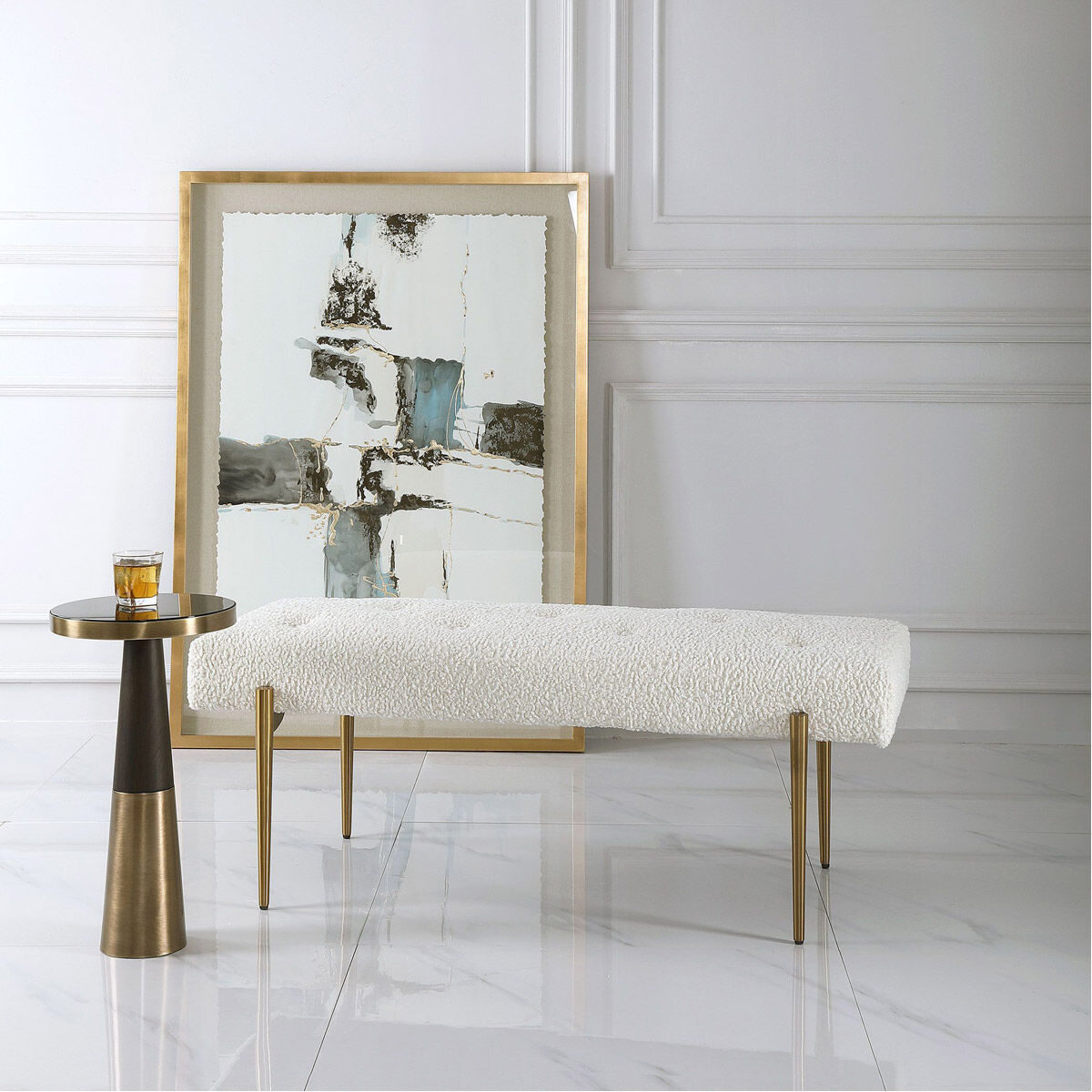Olivier White Faux Shearling and Antique Brushed Brass Bench