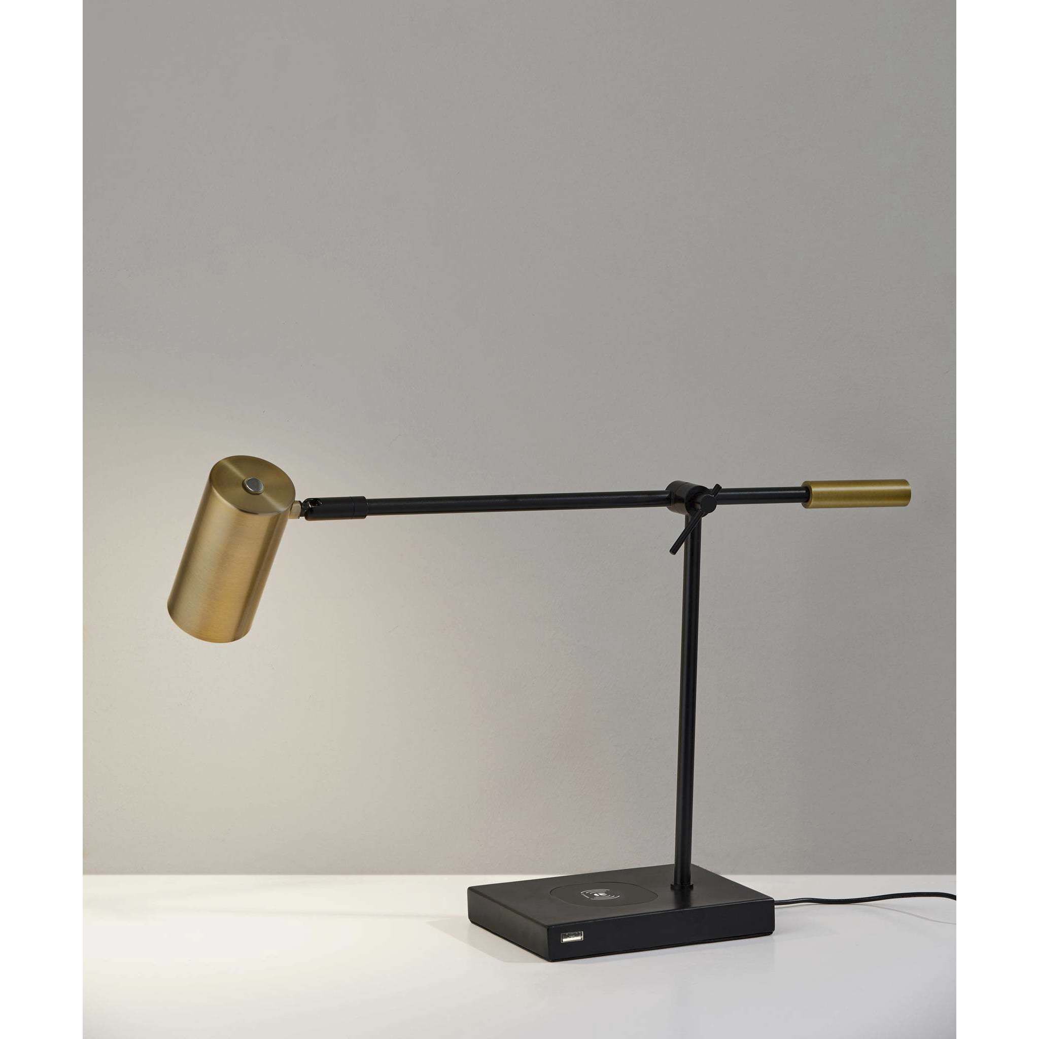 Collette 12 inch 7.00 watt Black and Antique Brass Desk Lamp Portable Light, with AdessoCharge Wireless Charging Pad and USB Port