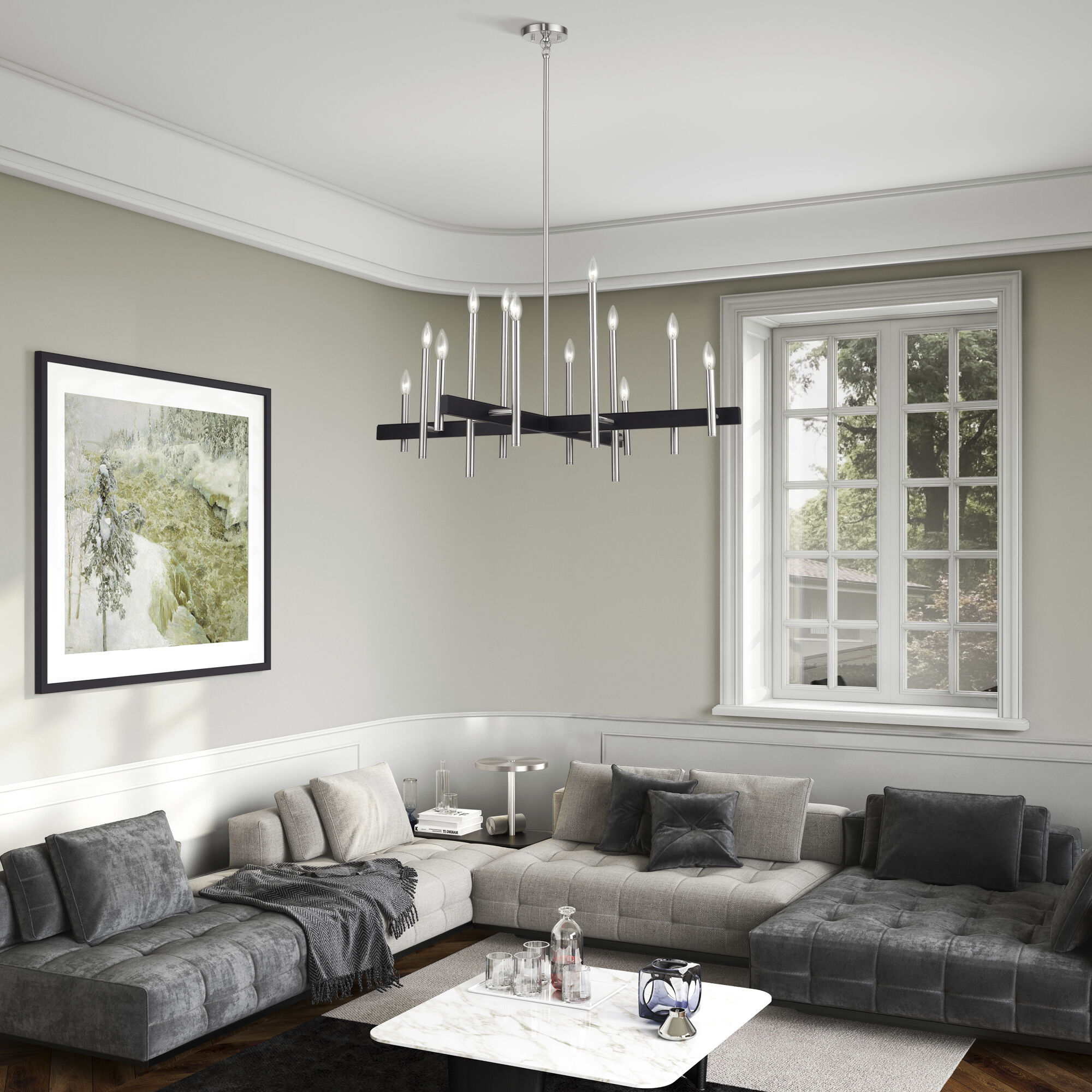 Denmark 12 Light Brushed Nickel with Black Accents Linear Chandelier Ceiling Light