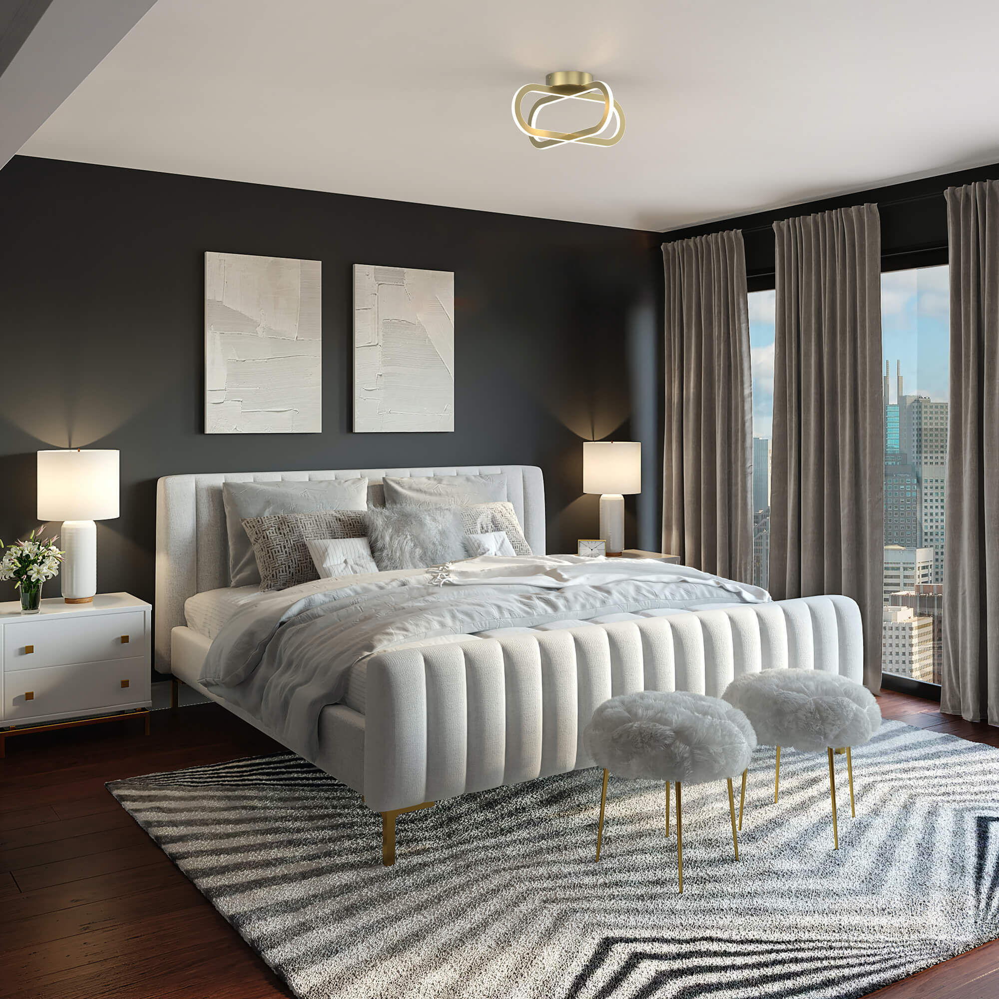 Atom 1 Light 16.06 inch Black Flushmount Ceiling Light, Double Vertical Ring