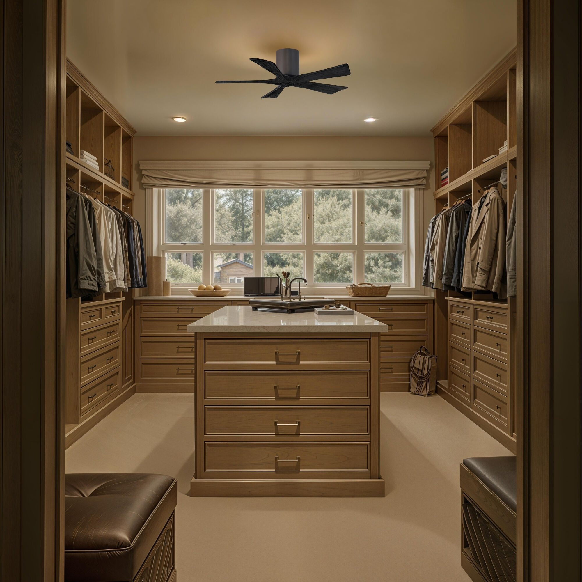 Atlas Irene-5H 42 inch Textured Bronze with Matte Black Blades Flush Mount Paddle Fan, Flush Mounted